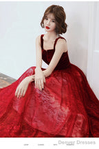 Wine Red A-Line Floor Length Velvet And Tulle Straps  Evening Dress Prom Dress