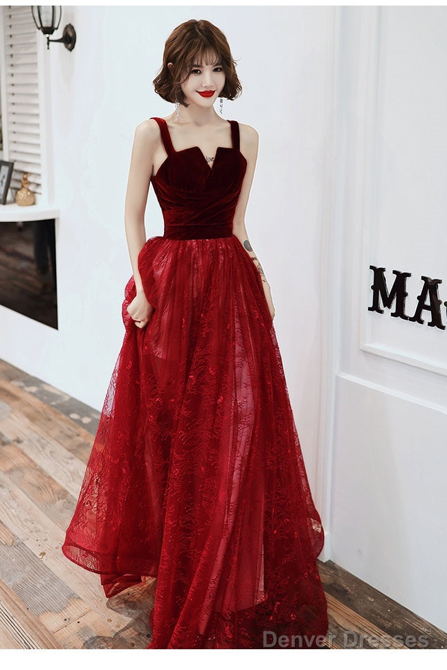 Wine Red A-Line Floor Length Velvet And Tulle Straps  Evening Dress Prom Dress