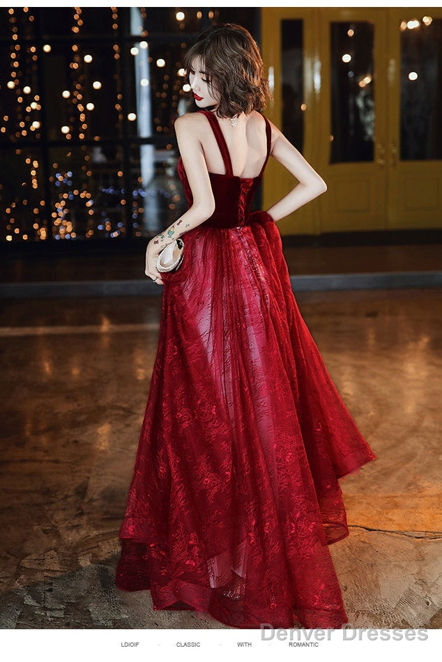 Wine Red A-Line Floor Length Velvet And Tulle Straps  Evening Dress Prom Dress