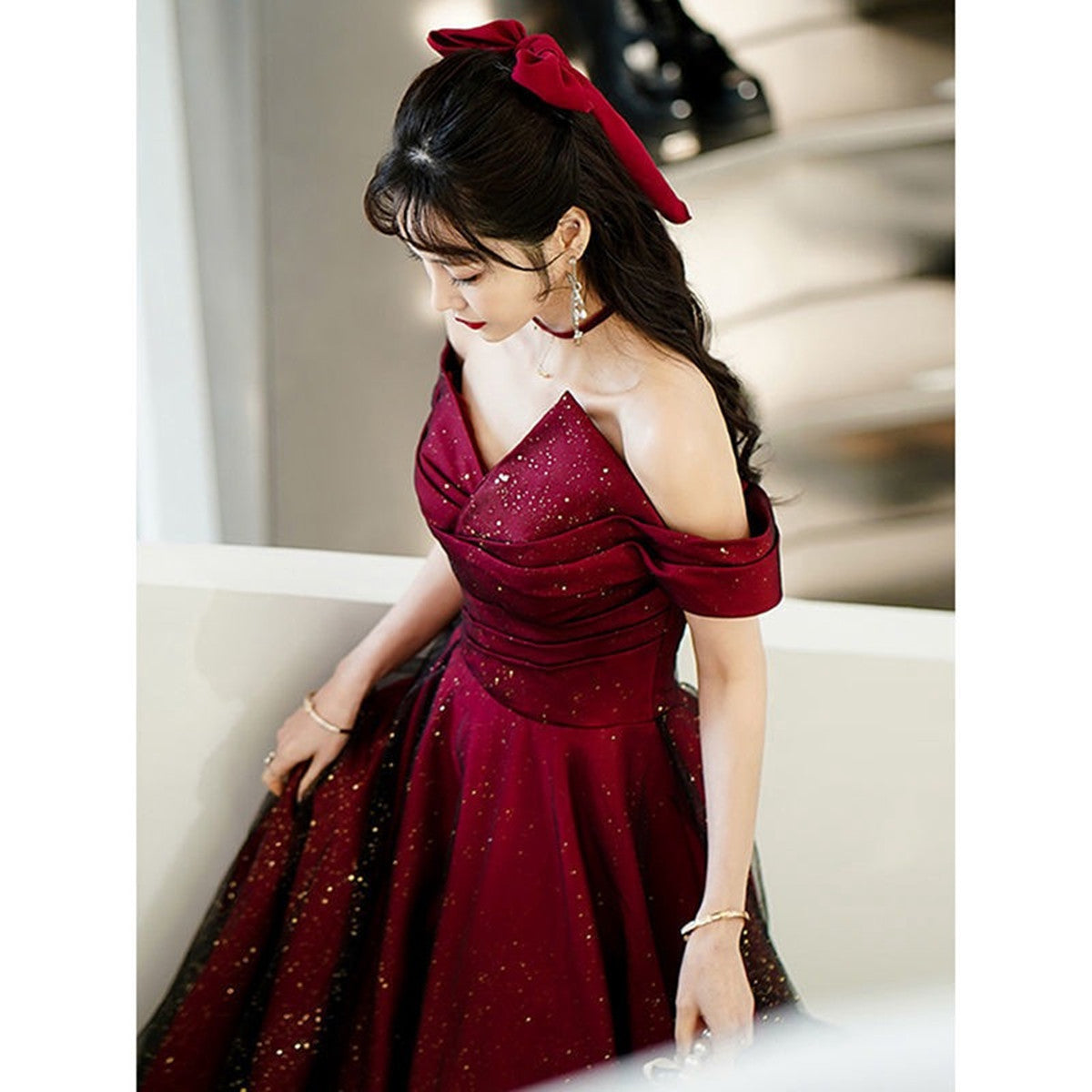 Wine Red And Black Off Shoulder Satin Party Dress, Red And Black Long Evening Dress Secondary image