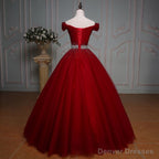 Wine Red Ball Gown Off Shoulder Beaded Party Dress, Tulle Off Shoulder Prom Dress