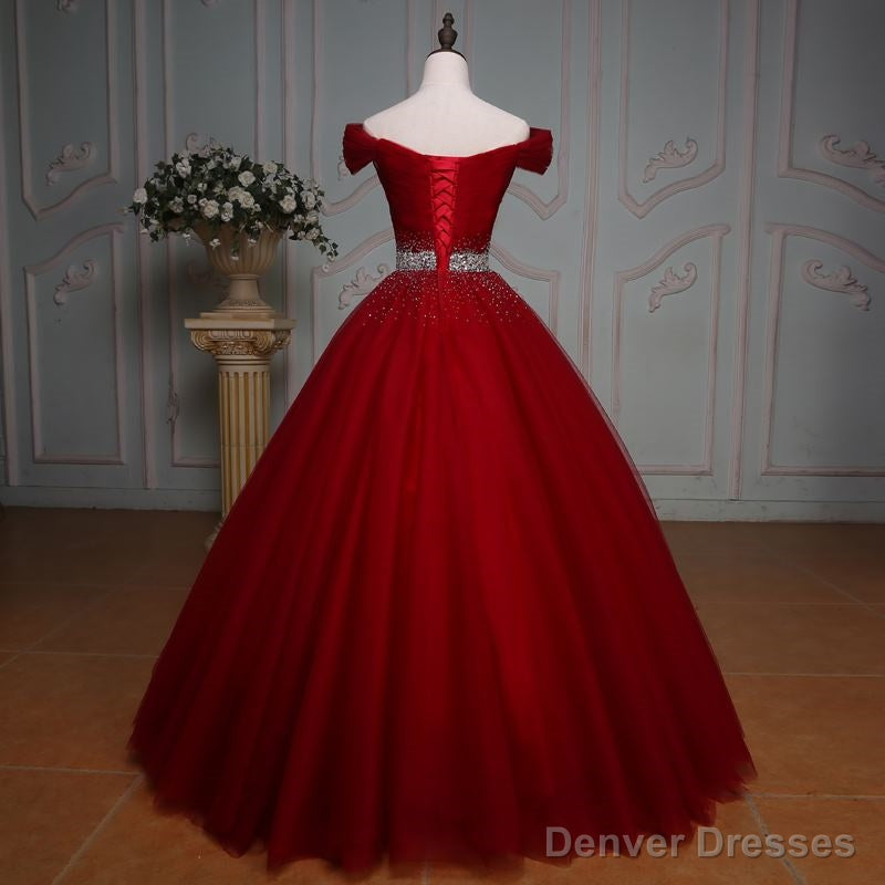 Wine Red Ball Gown Off Shoulder Beaded Party Dress, Tulle Off Shoulder Prom Dress