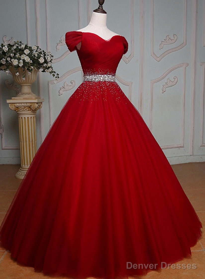 Wine Red Ball Gown Off Shoulder Beaded Party Dress, Tulle Off Shoulder Prom Dress