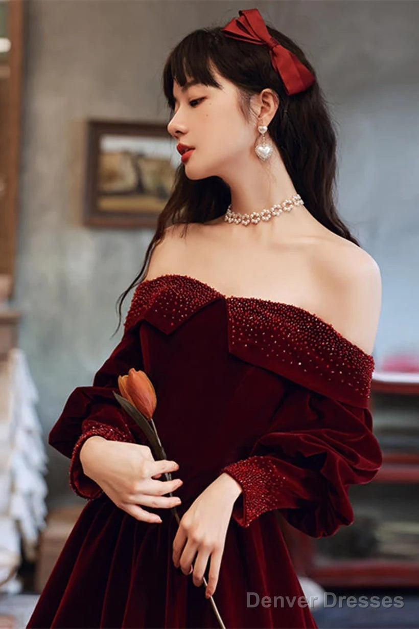 Wine Red Beaded Puffy Sleeves Long Formal Dress, Wine Red Velvet A-Line Party Dress