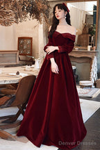 Wine Red Beaded Puffy Sleeves Long Formal Dress, Wine Red Velvet A-Line Party Dress