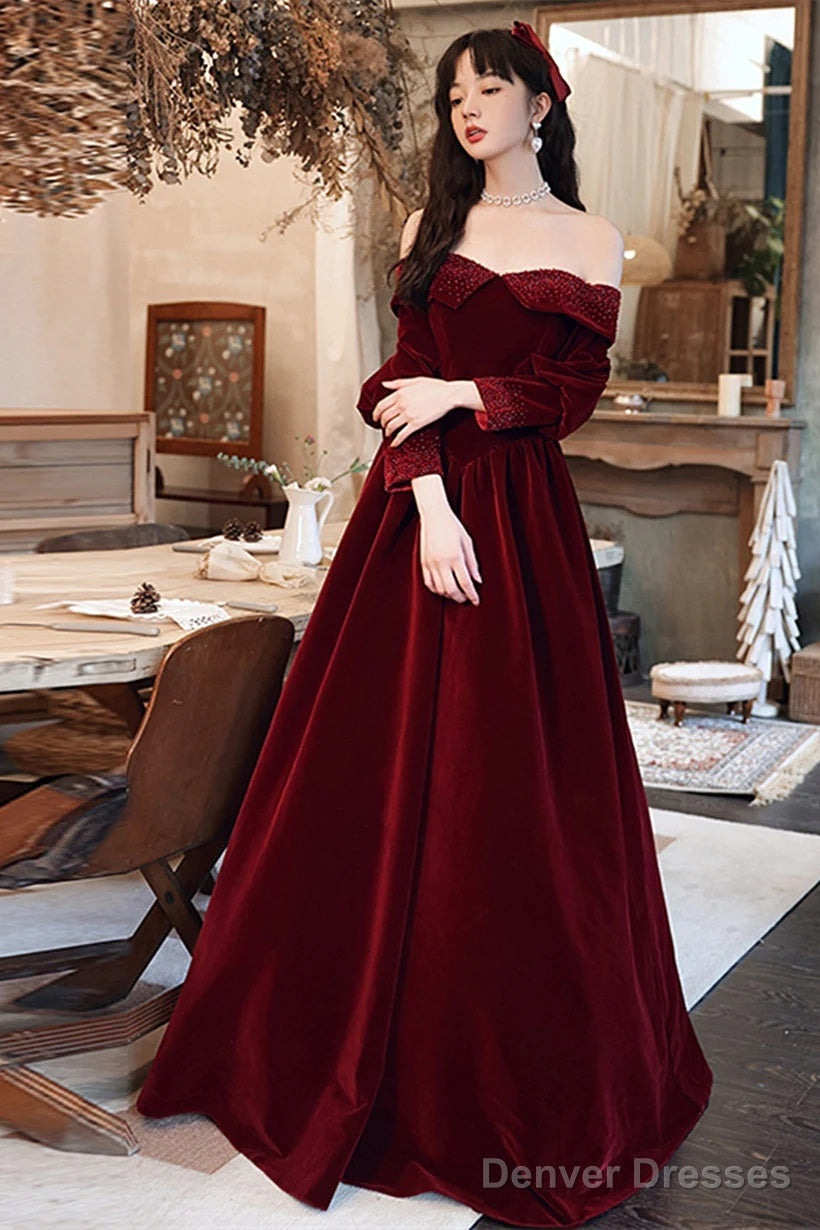 Wine Red Beaded Puffy Sleeves Long Formal Dress, Wine Red Velvet A-Line Party Dress
