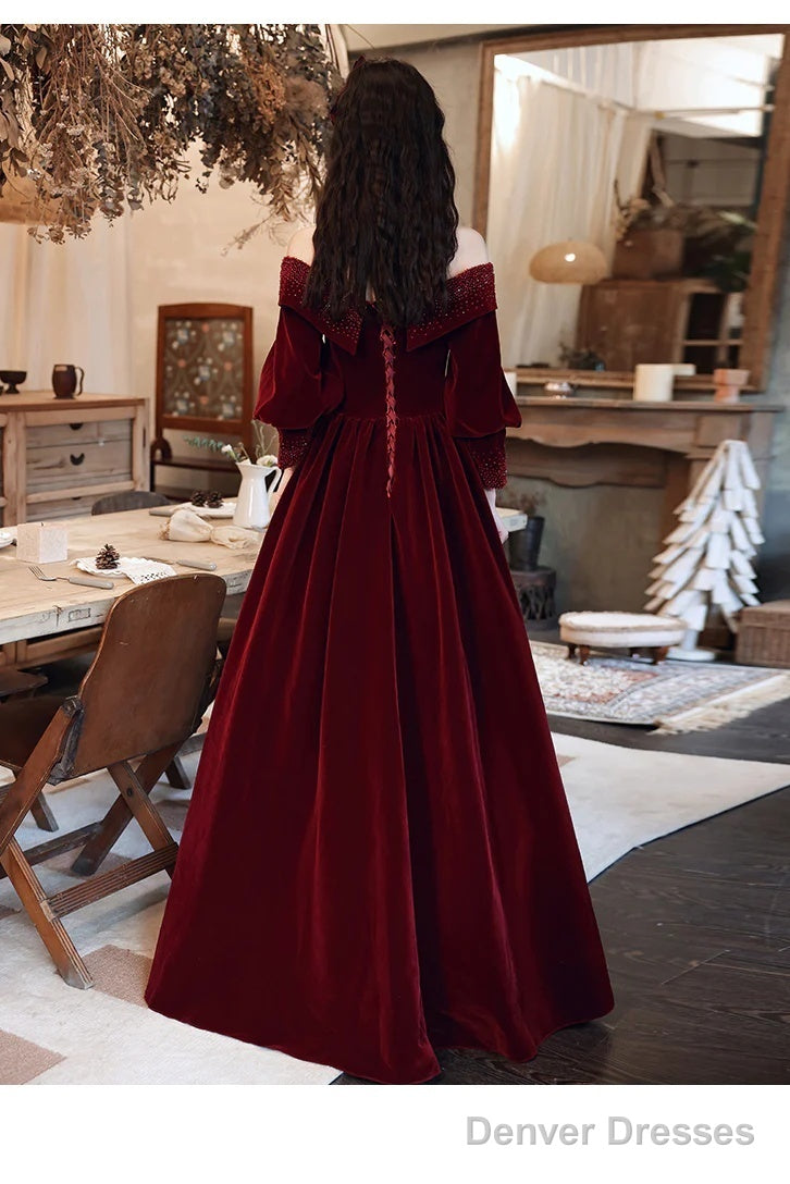 Wine Red Beaded Puffy Sleeves Long Formal Dress, Wine Red Velvet A-Line Party Dress