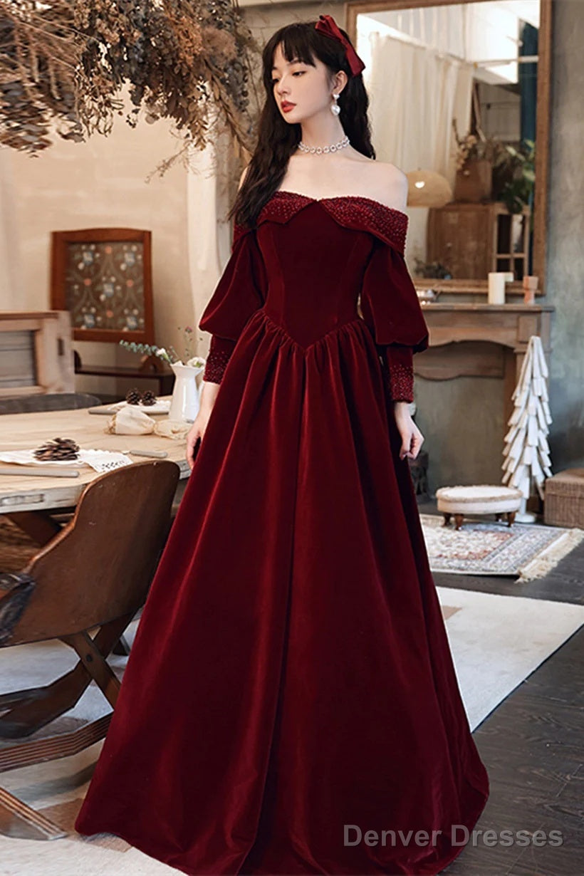 Wine Red Beaded Puffy Sleeves Long Formal Dress, Wine Red Velvet A-Line Party Dress Main image