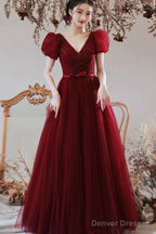Wine Red Beaded Short Sleeves Tulle Party Dress, Wine Red A-Line Long Prom Dress