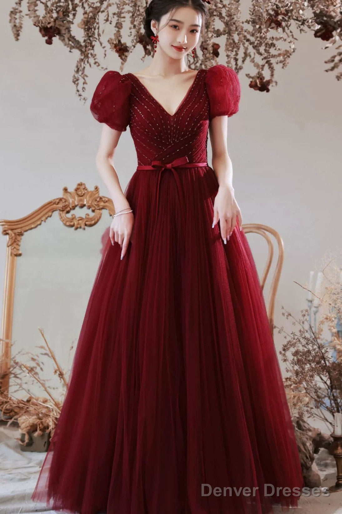 Wine Red Beaded Short Sleeves Tulle Party Dress, Wine Red A-Line Long Prom Dress