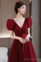 Wine Red Beaded Short Sleeves Tulle Party Dress, Wine Red A-Line Long Prom Dress