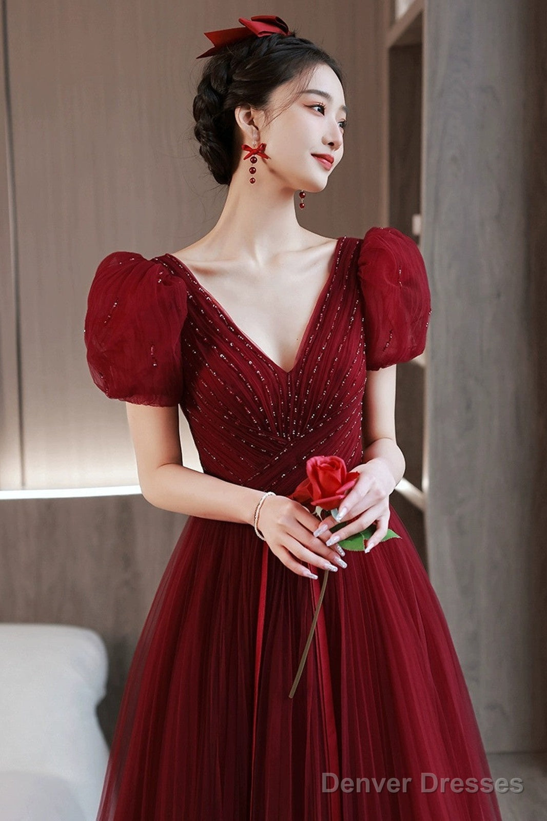 Wine Red Beaded Short Sleeves Tulle Party Dress, Wine Red A-Line Long Prom Dress