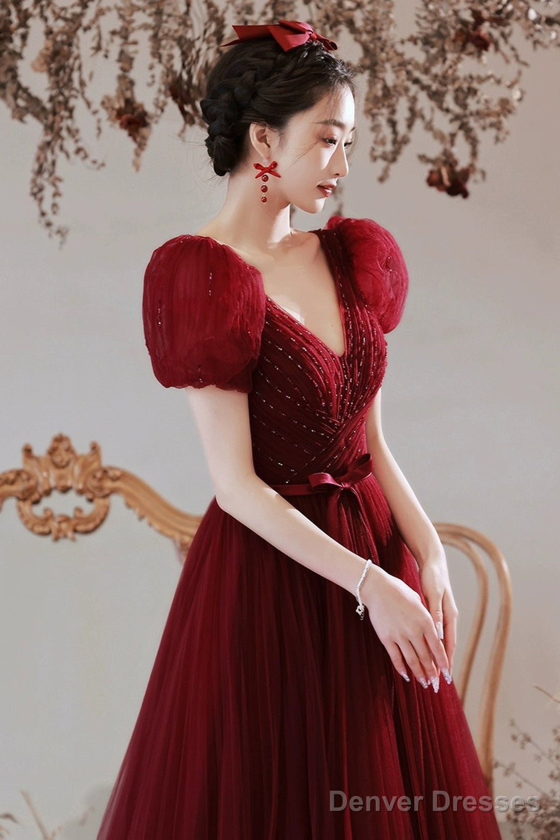 Wine Red Beaded Short Sleeves Tulle Party Dress, Wine Red A-Line Long Prom Dress Main image