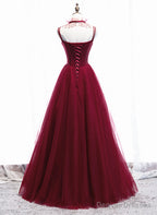 Wine Red Beaded Straps Party Dress Prom Dress, Beaded Tulle Formal Dress