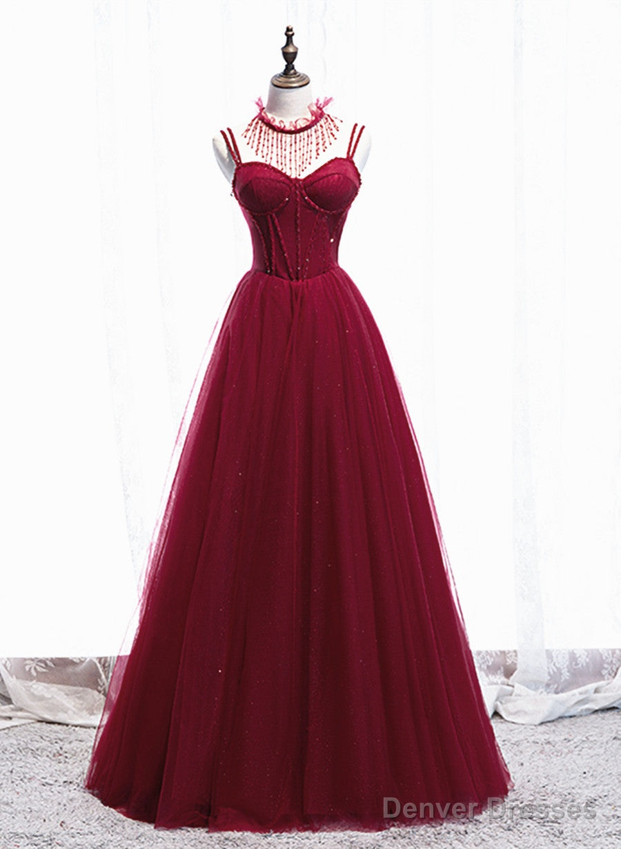 Wine Red Beaded Straps Party Dress Prom Dress, Beaded Tulle Formal Dress Secondary image