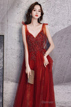 Wine Red Beaded Straps V-Neckline Floor Length Party Dress, Wine Red Long Prom Dress