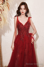 Wine Red Beaded Straps V-Neckline Floor Length Party Dress, Wine Red Long Prom Dress