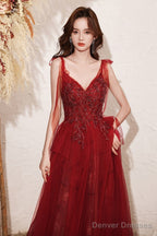 Wine Red Beaded Straps V-Neckline Floor Length Party Dress, Wine Red Long Prom Dress
