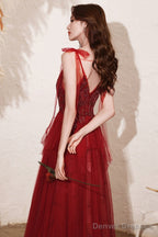 Wine Red Beaded Straps V-Neckline Floor Length Party Dress, Wine Red Long Prom Dress