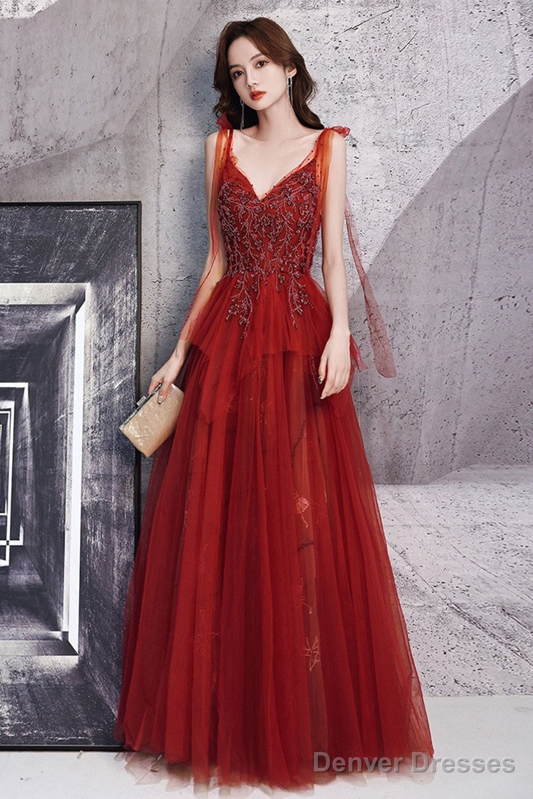 Wine Red Beaded Straps V-Neckline Floor Length Party Dress, Wine Red Long Prom Dress Main image