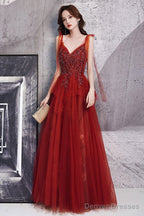 Wine Red Beaded Straps V-Neckline Floor Length Party Dress, Wine Red Long Prom Dress