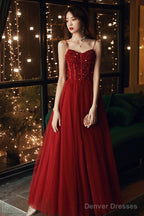 Wine Red Beaded Sweeteart Tulle Straps Long Evening Dress, Wine Red Prom Dresses