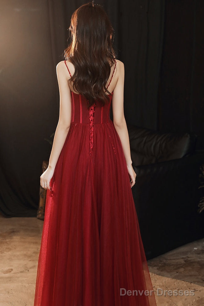 Wine Red Beaded Sweeteart Tulle Straps Long Evening Dress, Wine Red Prom Dresses