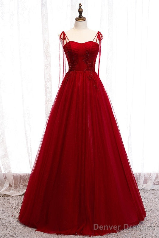 Wine Red Beaded Sweetheart Tulle Floor Length Party Dress, Wine Red Long Prom Dress