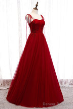 Wine Red Beaded Sweetheart Tulle Floor Length Party Dress, Wine Red Long Prom Dress