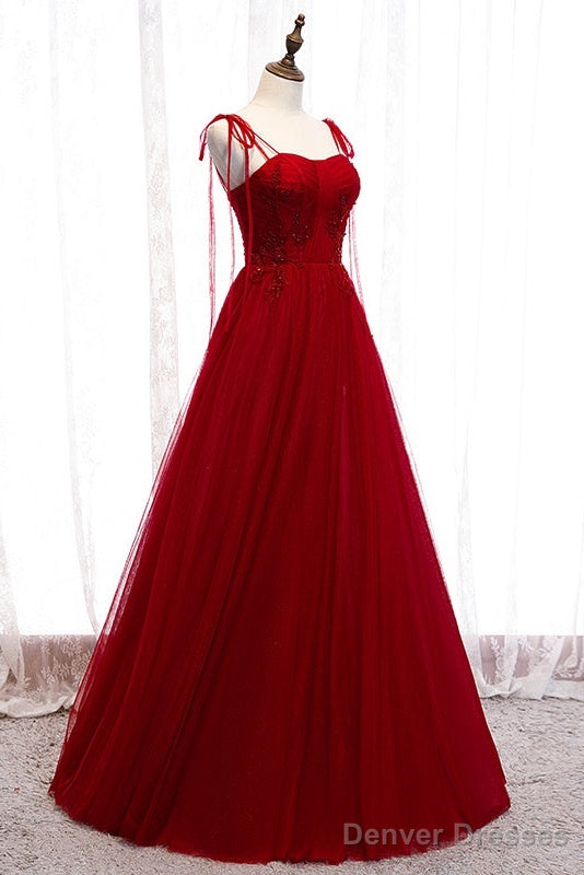 Wine Red Beaded Sweetheart Tulle Floor Length Party Dress, Wine Red Long Prom Dress