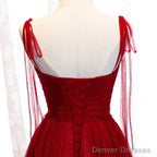 Wine Red Beaded Sweetheart Tulle Floor Length Party Dress, Wine Red Long Prom Dress