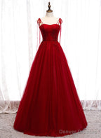Wine Red Beaded Sweetheart Tulle Floor Length Party Dress, Wine Red Long Prom Dress