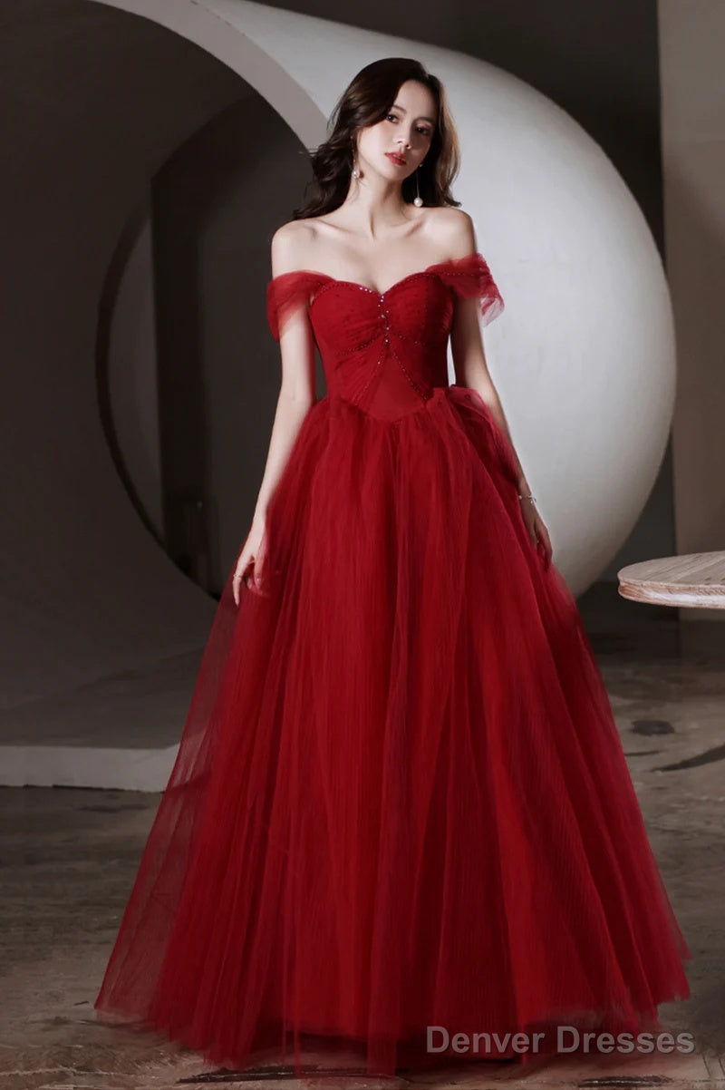 Wine Red Beaded Sweetheart Tulle Long Evening Dress, Wine Red Formal Dress Prom Dress