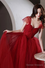 Wine Red Beaded Sweetheart Tulle Long Evening Dress, Wine Red Formal Dress Prom Dress