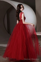 Wine Red Beaded Sweetheart Tulle Long Evening Dress, Wine Red Formal Dress Prom Dress