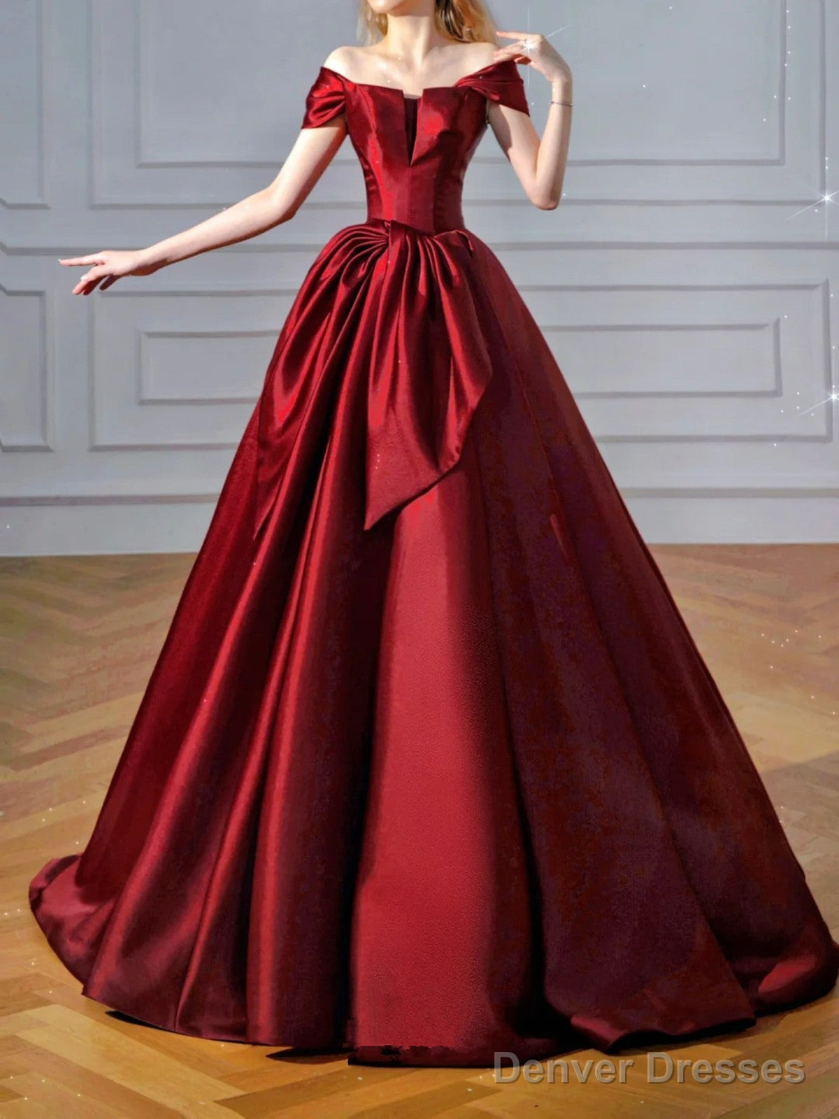 Wine Red Chic Off Shoulder Satin Party Dress, Wine Red Satin Long Prom Dress Secondary image