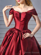 Wine Red Chic Off Shoulder Satin Party Dress, Wine Red Satin Long Prom Dress