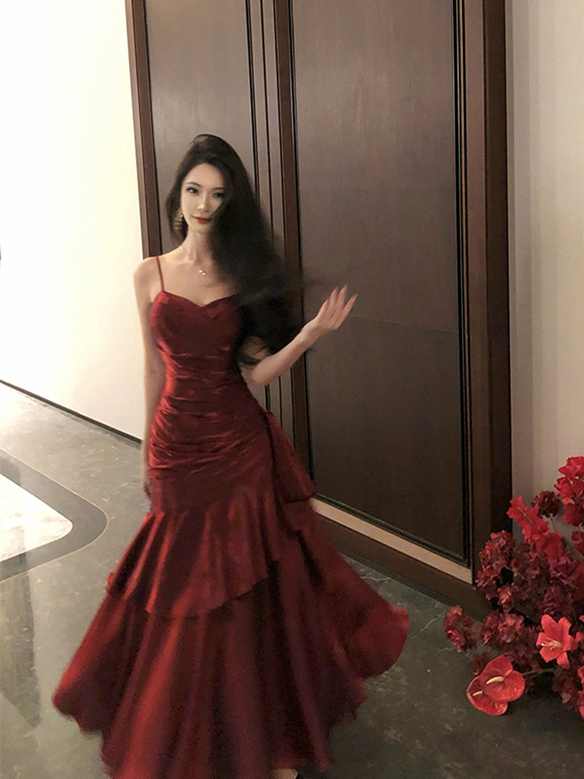 Wine Red Chic Satin Mermaid Sweetheart Long Party Dress, Wine Red Satin Evening Dress Main image