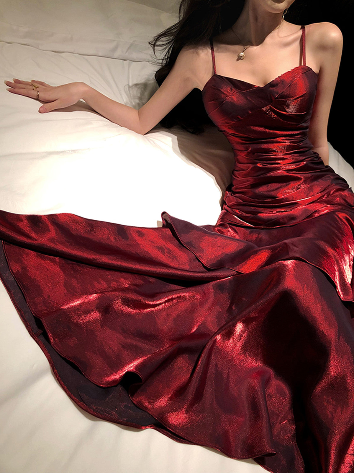 Wine Red Chic Satin Mermaid Sweetheart Long Party Dress, Wine Red Satin Evening Dress Secondary image