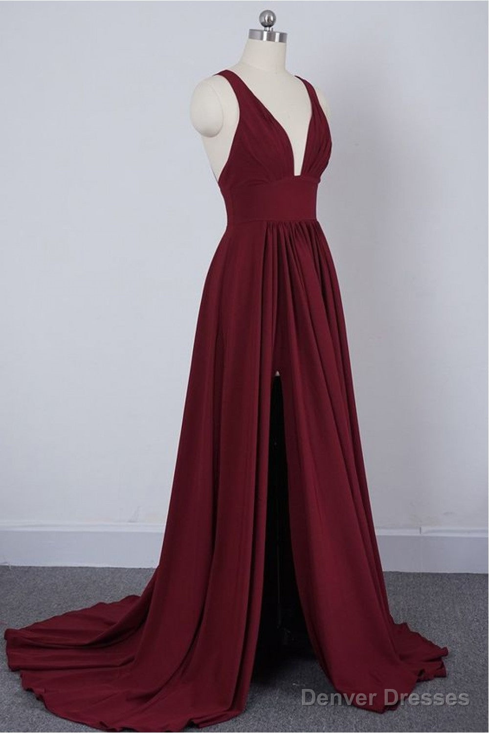 Wine Red Chiffon High Slit Long Party Dress, Charming Long Straps Bridesmaid Dresses Main image