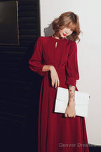 Wine Red Chiffon Long Sleeves Formal Dress, Wine Red Long Prom Dress