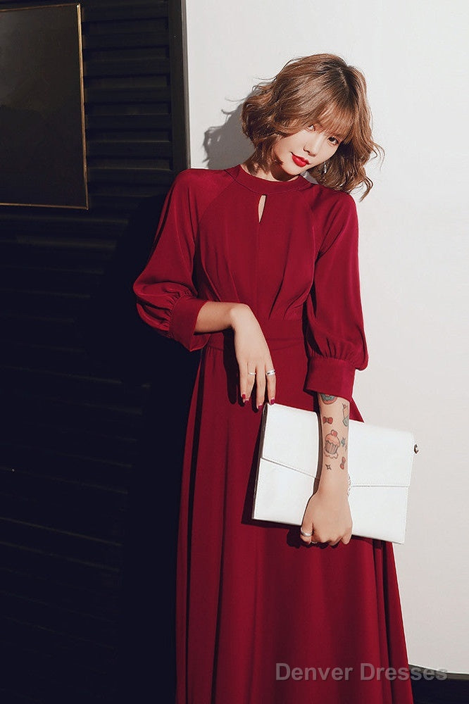 Wine Red Chiffon Long Sleeves Formal Dress, Wine Red Long Prom Dress