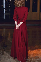 Wine Red Chiffon Long Sleeves Formal Dress, Wine Red Long Prom Dress