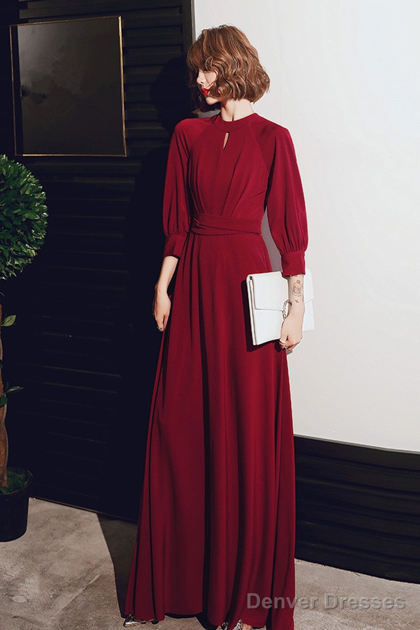 Wine Red Chiffon Long Sleeves Formal Dress, Wine Red Long Prom Dress