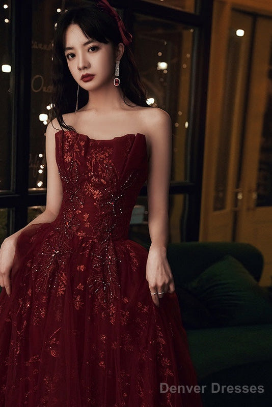 Wine Red Floral Lace And Tulle Long Evening Gown Party Dress, Burgundy Formal Dresses Secondary image
