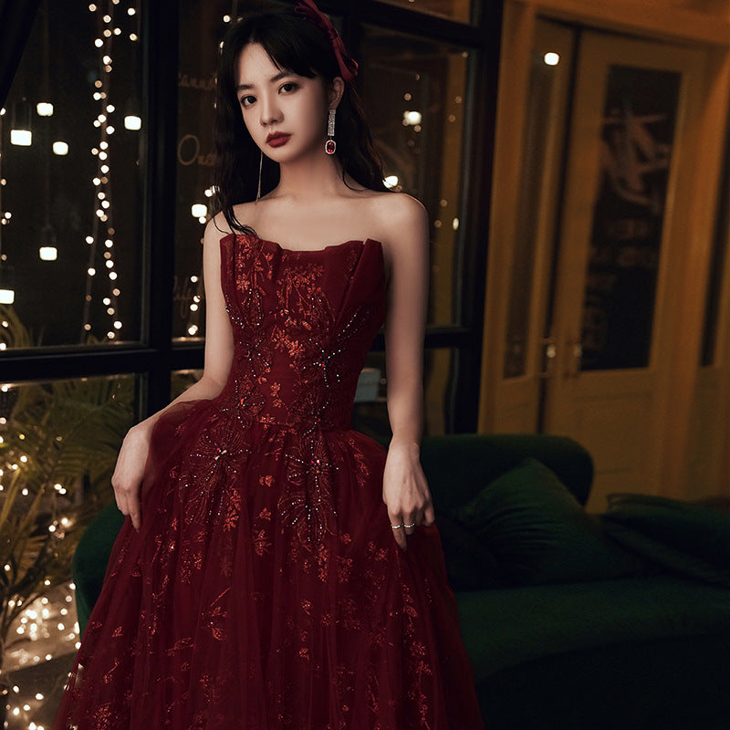 Wine Red Floral Lace And Tulle Long Evening Gown Party Dress, Burgundy Formal Dress 2026 Secondary image