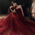 Wine Red Floral Lace And Tulle Long Evening Gown Party Dress, Burgundy Formal Dress 2026