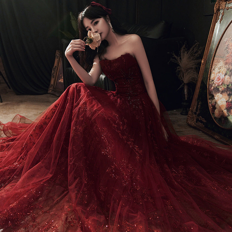 Wine Red Floral Lace And Tulle Long Evening Gown Party Dress, Burgundy Formal Dress 2026