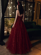 Wine Red Floral Lace And Tulle Long Evening Gown Party Dress, Burgundy Formal Dress 2026