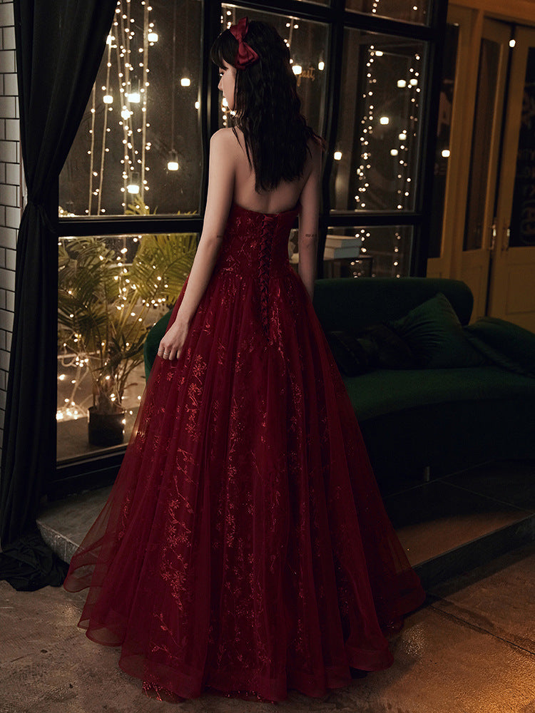 Wine Red Floral Lace And Tulle Long Evening Gown Party Dress, Burgundy Formal Dress 2026